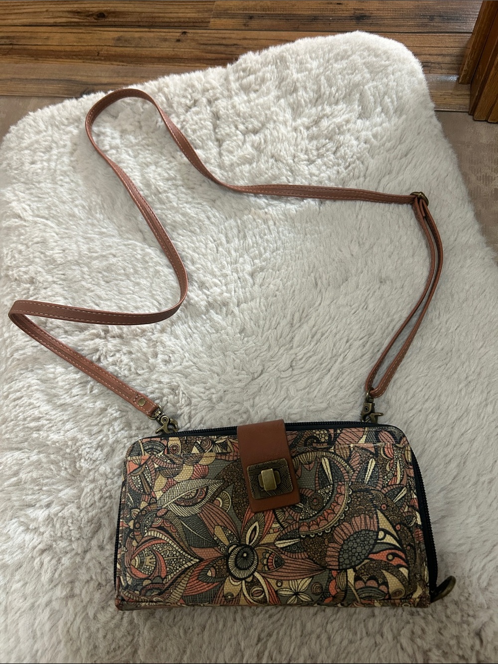 Sakroots Multicolor Floral Paisley Crossbody Wallet with Brown Strap